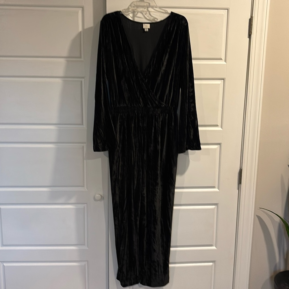 Black faux wrap velour jumpsuit